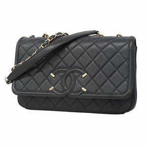 Chanel Shoulder Bag W Chain CC Filigree Caviar Skin Black Women's